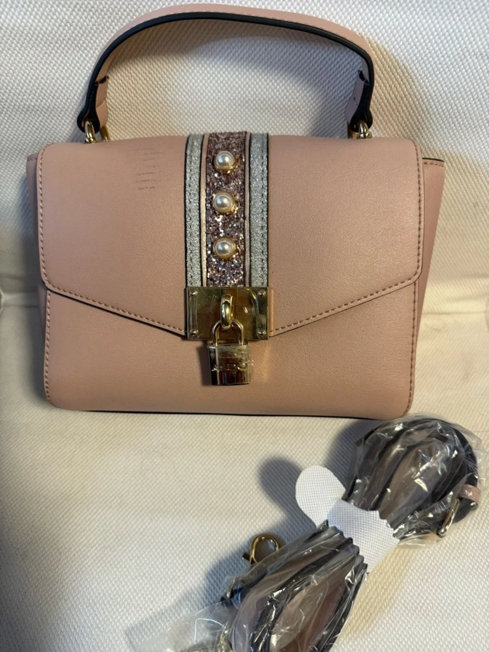 Aldo Blush Pink Top-Handle Satchel with Pearl & Glitter Accent